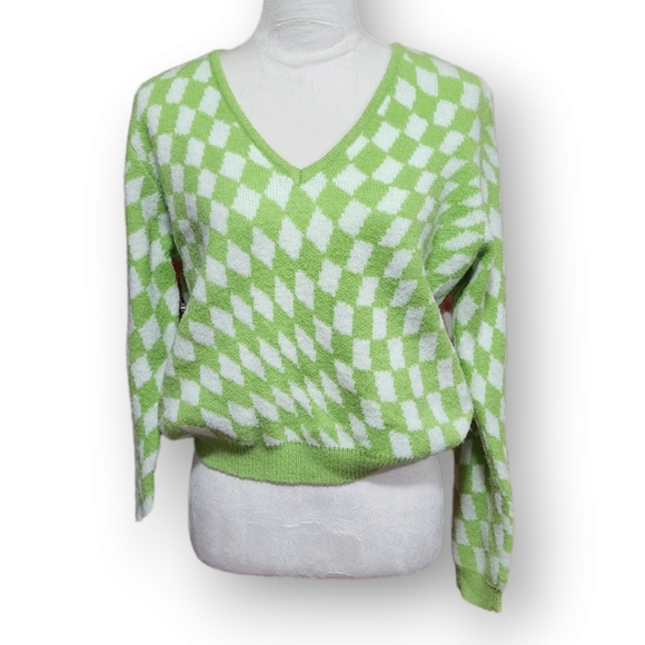 Witty Fox Checkered Lime Green Fuzzy Sweater - Picture 1 of 4